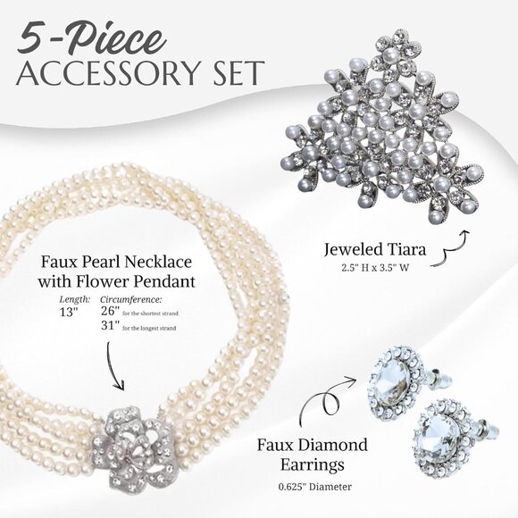 Audrey Hepburn Inspired 5-Piece Costume Jewelry Set with Necklace, Tiara, Earrin - Picture 2 of 6